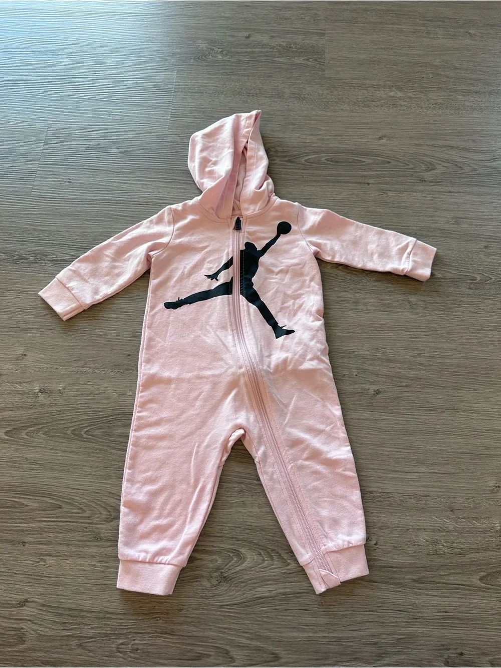 Jordan Baby Pink Hooded One-Piece Romper - 12 Months